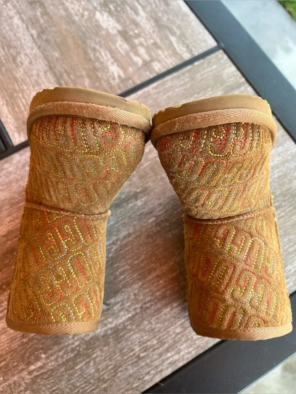 UGG Kids Classic Boots | Rainbow Embroidered | Chestnut Suede | Size 10T